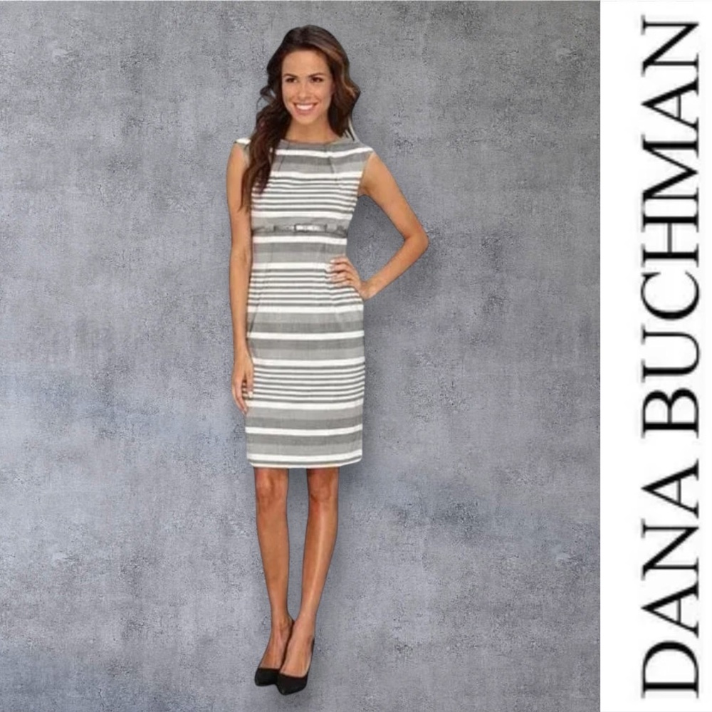 NWT Kohl's Dana Buchman Gray and White Striped Sheath Dress, Size 8, MSRP $100